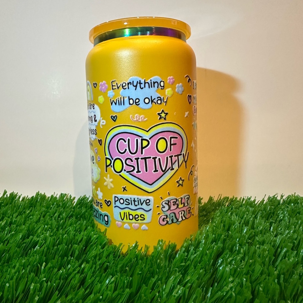 16 oz Metal Insulated Yellow Cup of Positivity Tumbler